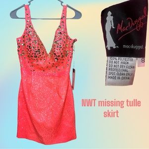 NWT Mac Duggal Neon Coral V Neck Gem & Sequin Mini Dress (Missing Tulle Skirt) 8